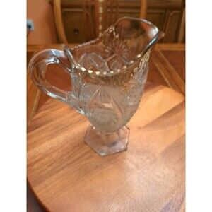 Antique Early American Pressed Glass Cross Pattern Water Pitcher Gold Rimmed